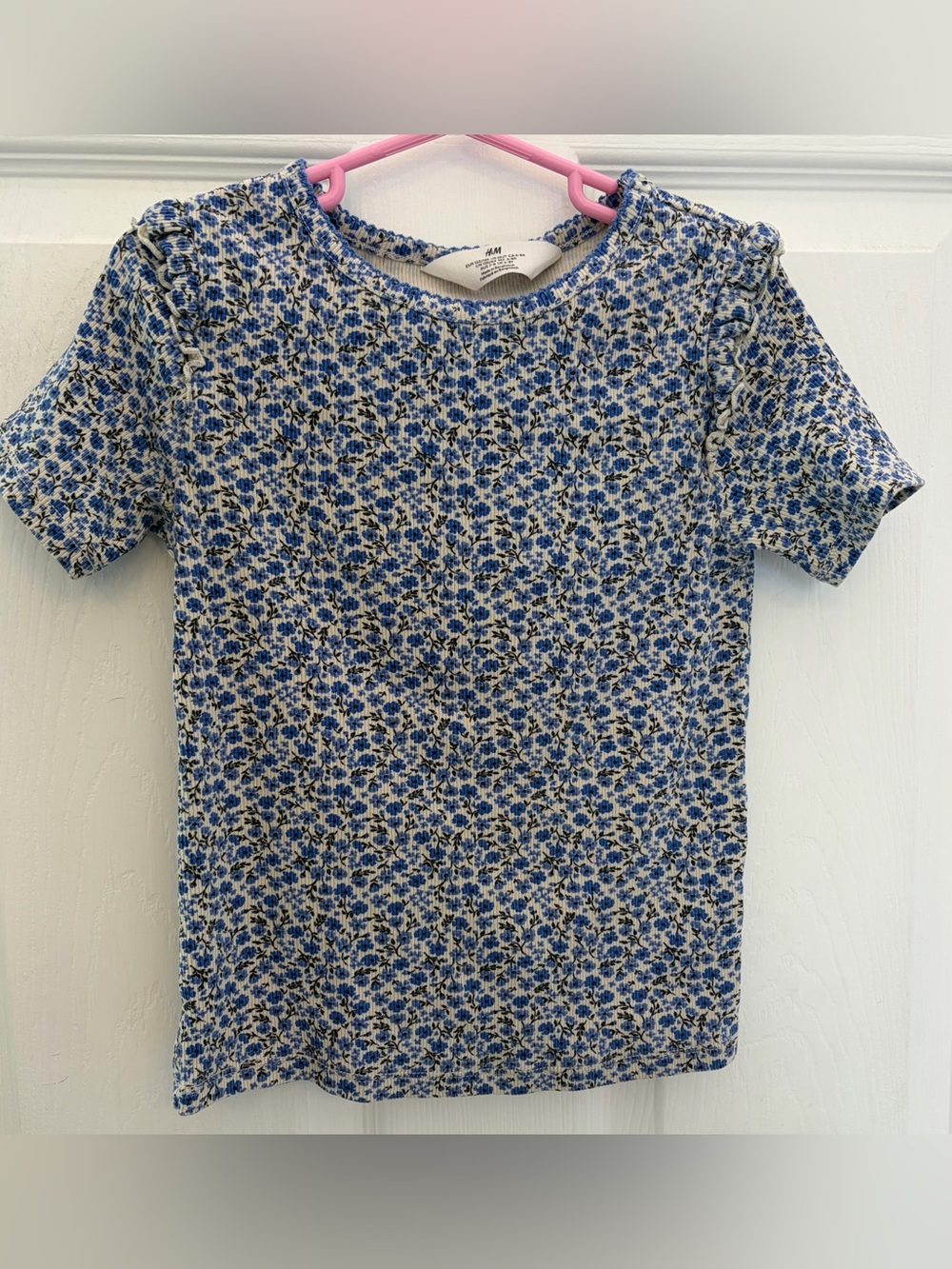 Shirt H&M Blue Floral Print Ribbed, Girls Size 6x/7